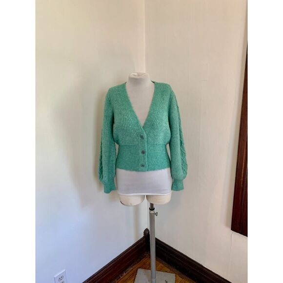 VTG 90s y2k Green Knit Cropped Sweater Mutton Sleeves Cable Argyle Cardigan Med - Picture 2 of 16